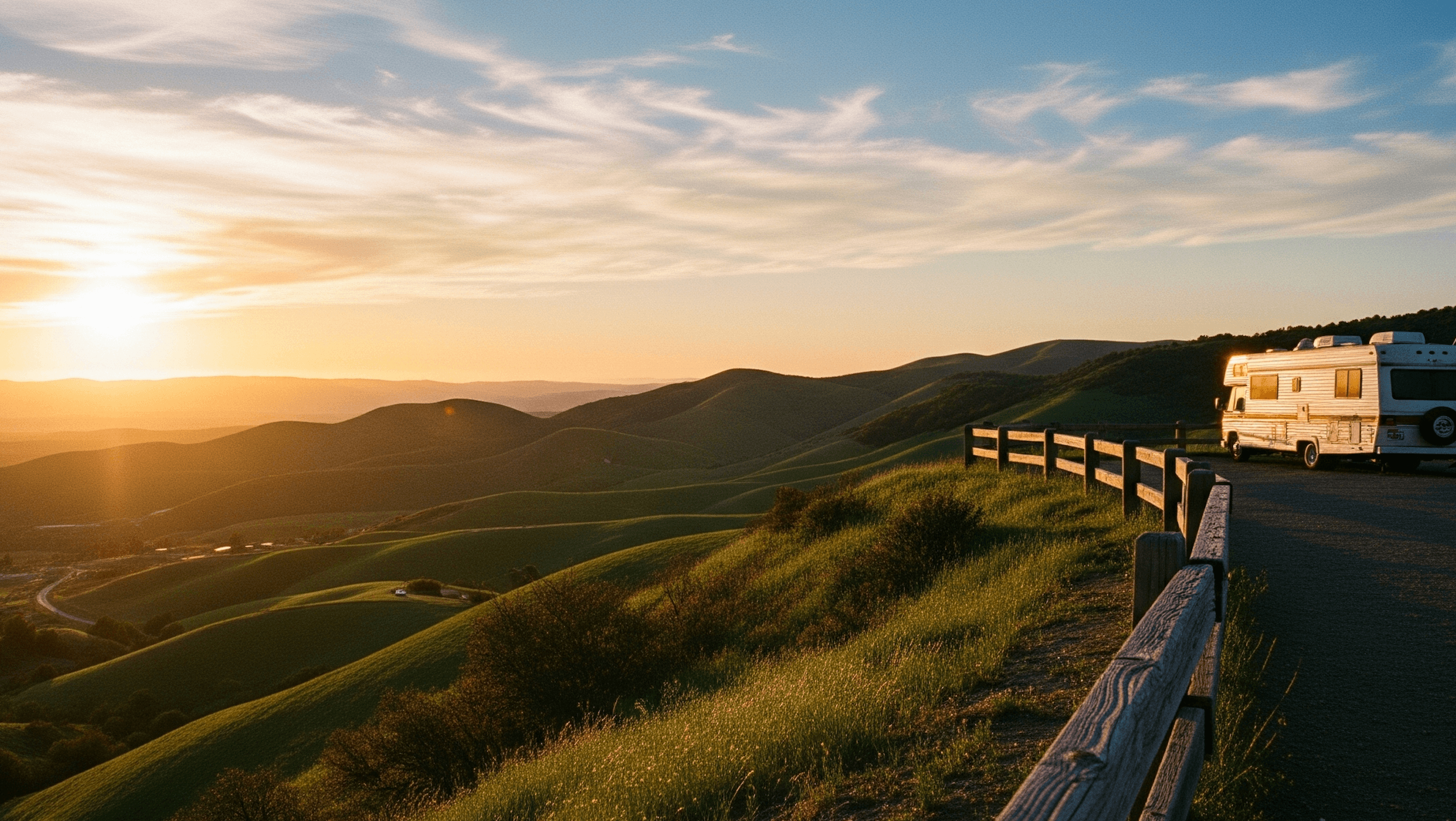 A travel trailer parked at a forested overlook in late golden-hour light