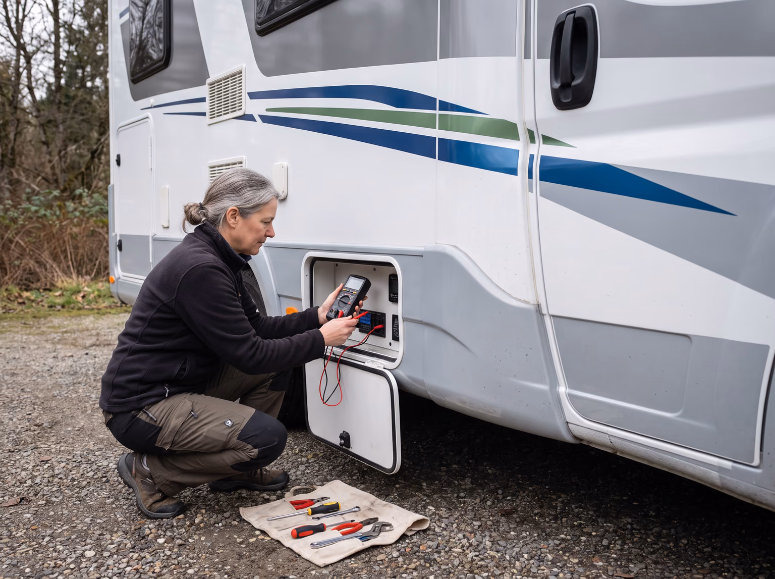 An RV owner working through a diagnostic check at an open service hatch