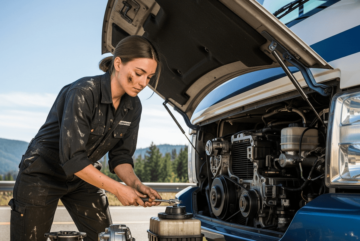 An RV owner working through a diagnostic check at an open service hatch