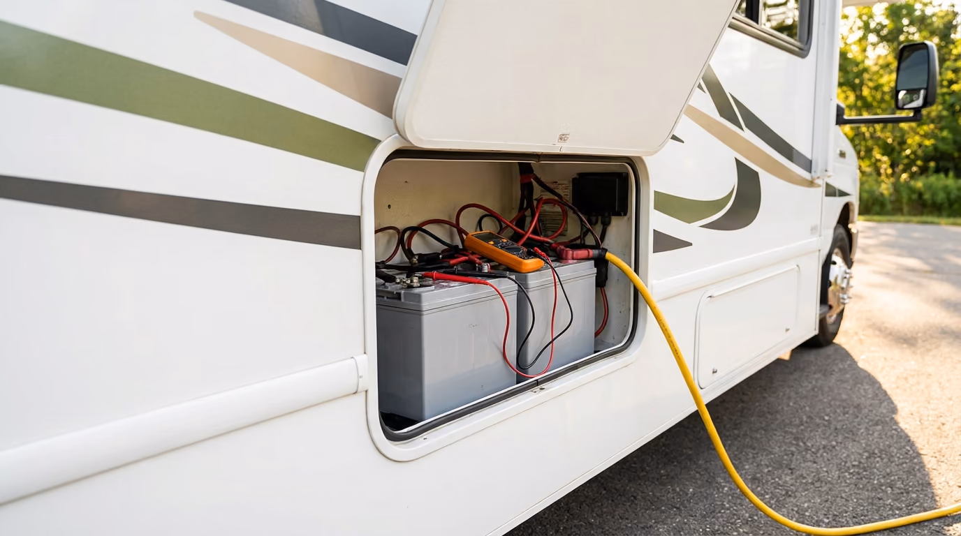 Plugged into shore power, but the house battery drains and 12V loads fade.